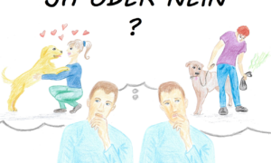 Beitragsbild/Artikelbild, zu "Die Entscheidung, einen Hund zu kaufen". Es ist eine Zeichnung und zeigt einen Mann, der überlegt: "Hund ja oder nein?".