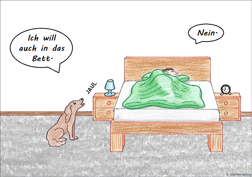 Comic-Bild Nr. 1 zum Comic Nr. 9 „Hundelogik“. Es ist eine Zeichnung und zeigt einen jaulenden Hund vor dem Bett seines Menschen. Urheberin: Jolanthe Delong