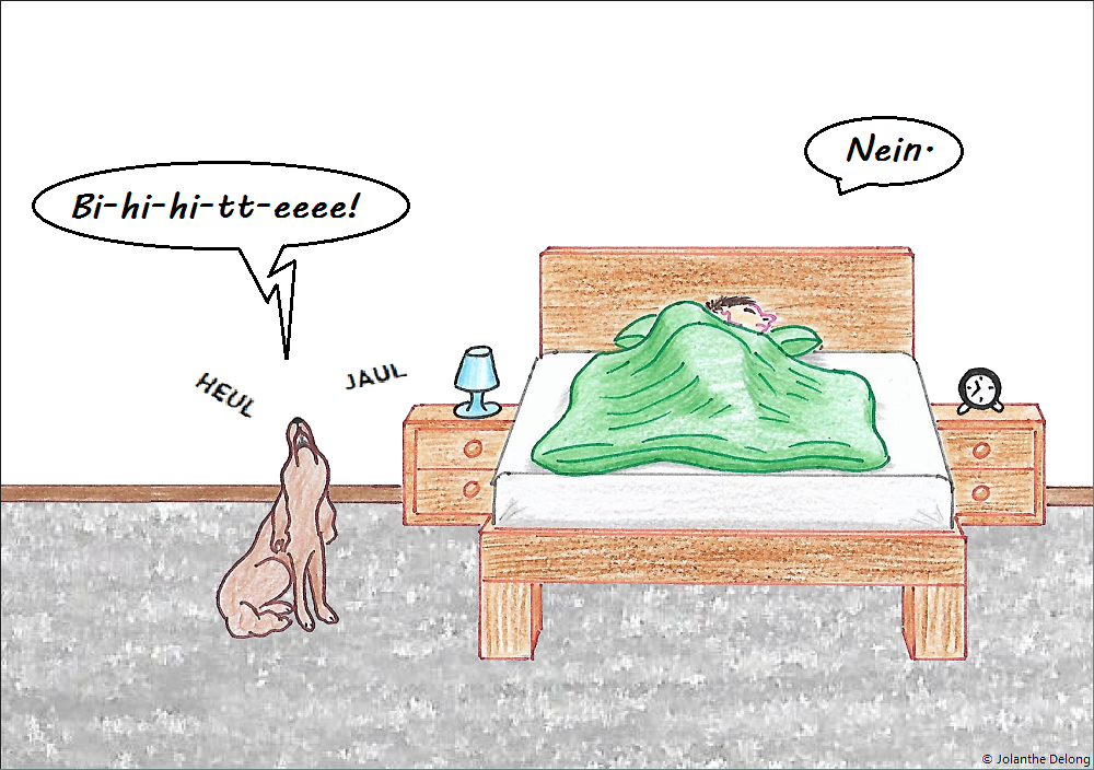 Comic-Bild Nr. 2 zum Comic Nr. 9 „Hundelogik“. Es ist eine Zeichnung und zeigt einen bettelnden Hund vor dem Bett seines Menschen. Urheberin: Jolanthe Delong