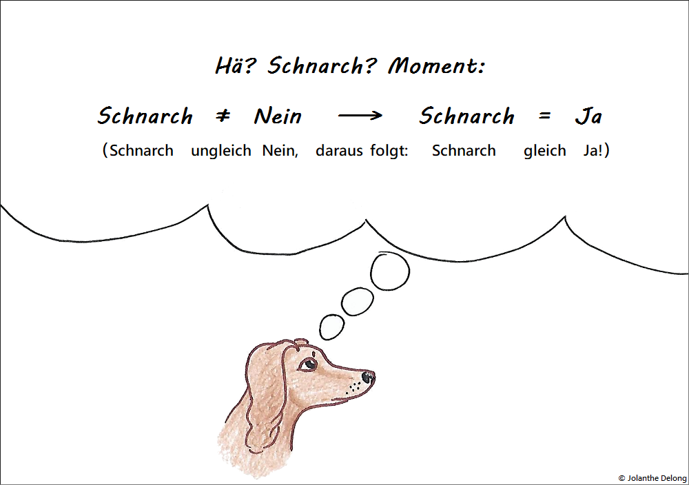 Comic-Bild Nr. 4 zum Comic Nr. 9 „Hundelogik“. Es ist eine Zeichnung und zeigt einen überlegenden Hund. Urheberin: Jolanthe Delong