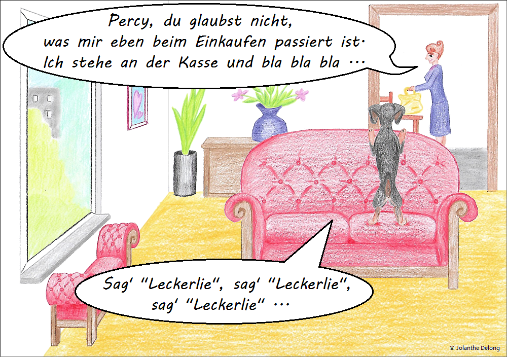 Comic-Bild Nr. 1 zum Comic Nr. 10 „... und nur darauf kommt es an“. Es ist eine Zeichnung und zeigt einen Dackel und sein Frauchen, das gerade vom Einkaufen gekommen ist. Urheberin: Jolanthe Delong