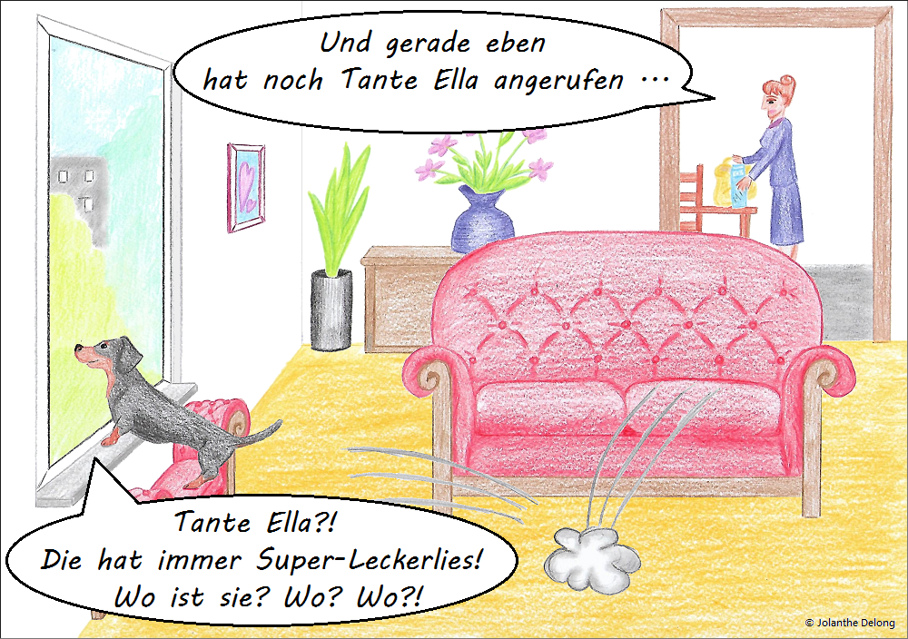 Comic-Bild Nr. 2 zum Comic Nr. 10 „... und nur darauf kommt es an“. Es ist eine Zeichnung und zeigt einen Dackel und sein Frauchen. Urheberin: Jolanthe Delong