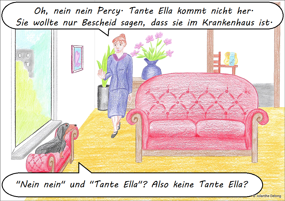 Comic-Bild Nr. 3 zum Comic Nr. 10 „... und nur darauf kommt es an“. Es ist eine Zeichnung und zeigt einen Dackel und sein Frauchen. Urheberin: Jolanthe Delong