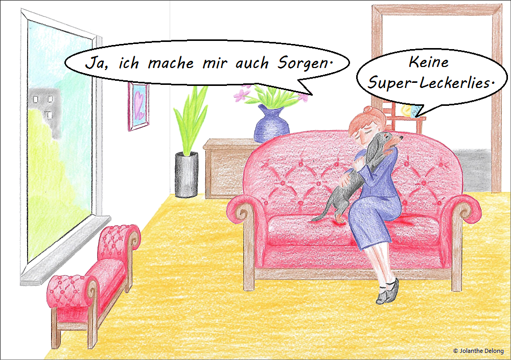 Comic-Bild Nr. 4 zum Comic Nr. 10 „... und nur darauf kommt es an“. Es ist eine Zeichnung und zeigt einen Dackel und sein Frauchen. Urheberin: Jolanthe Delong