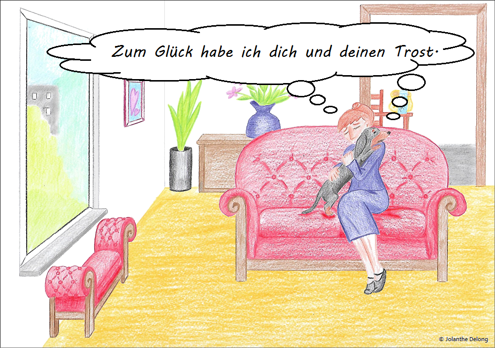 Comic-Bild Nr. 5 zum Comic Nr. 10 „... und nur darauf kommt es an“. Es ist eine Zeichnung und zeigt einen Dackel und sein Frauchen. Urheberin: Jolanthe Delong